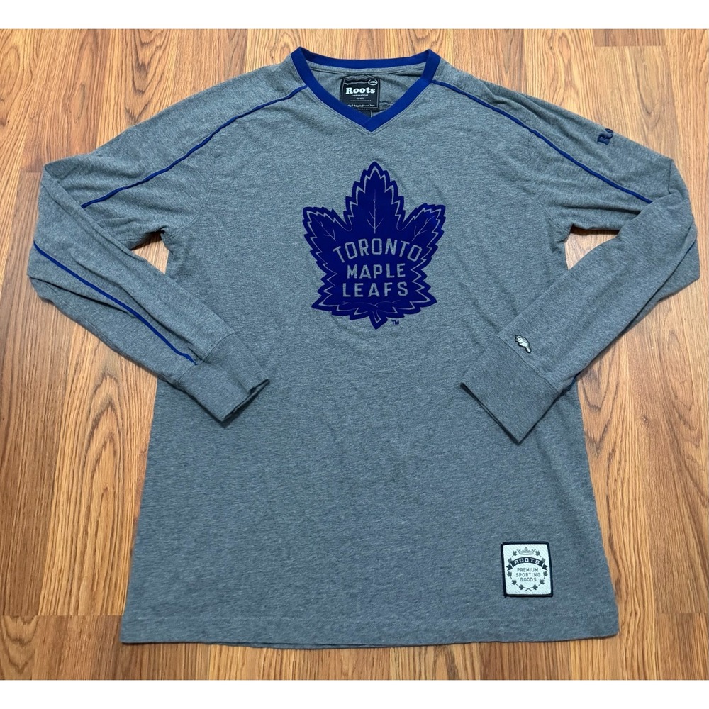 Toronto Maple Leafs Shirt Mens Medium Roots Long Sleeve V Neck NHL Gray